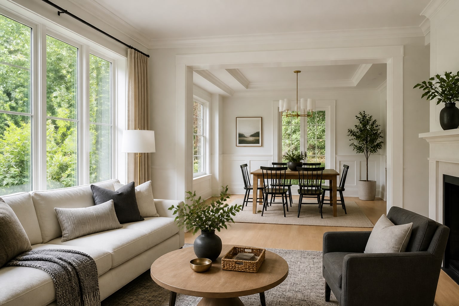 Beautifully staged warm-white living and dining room